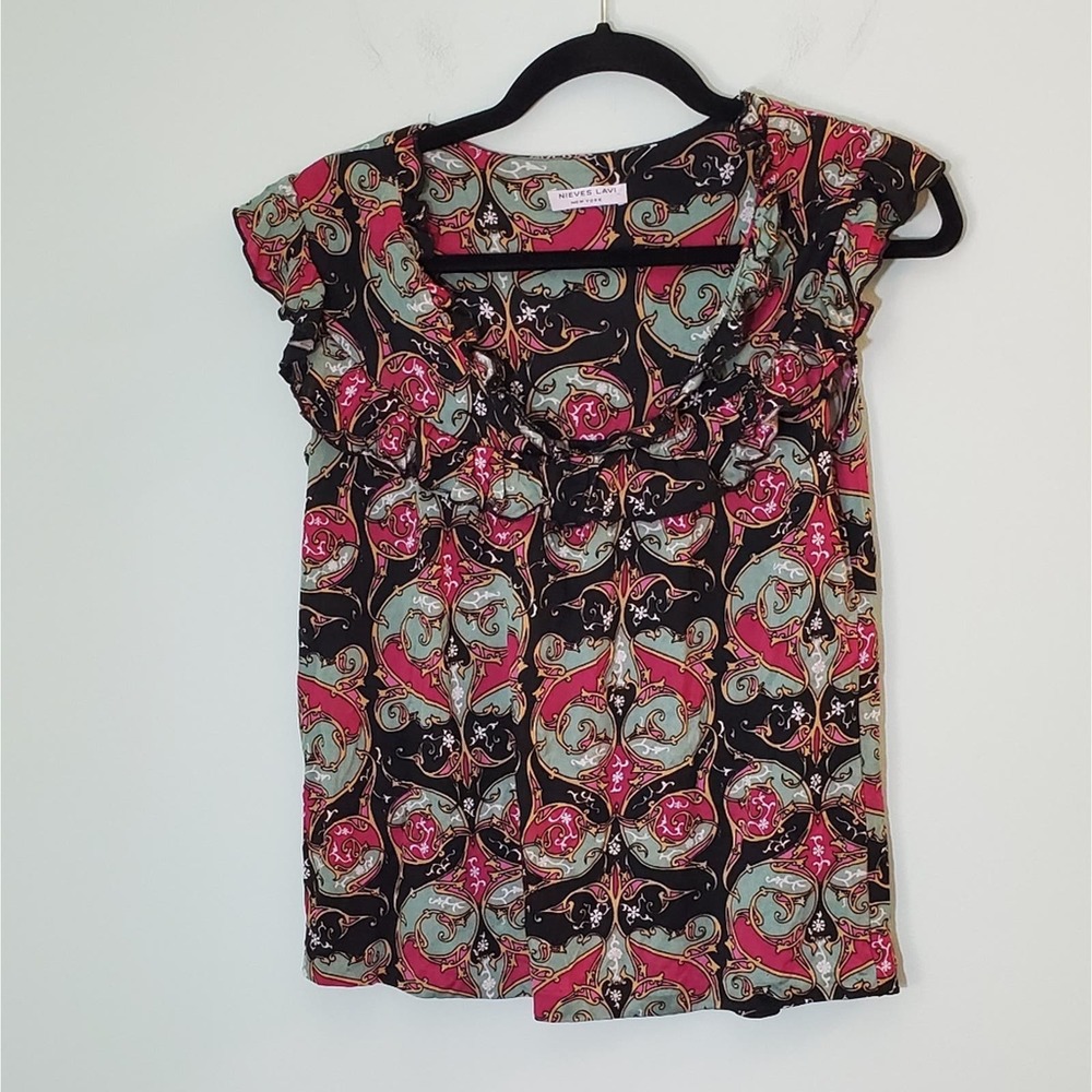 ❤️‍ Nieves Lavi Y2K Anthropologie Paisley Ruffle Top Boho Small Vintage
